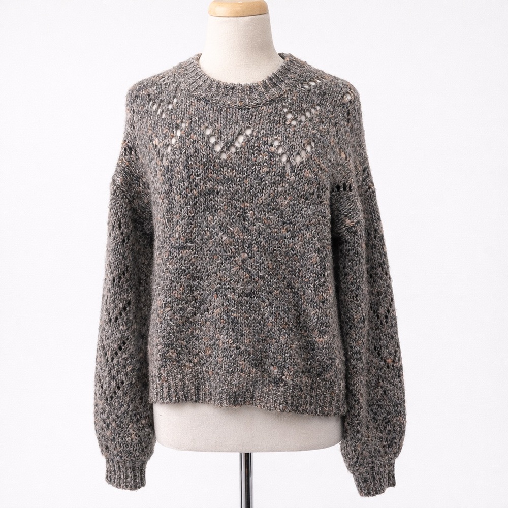 Madewell Marled Gray Pointelle Sweater Balloon Sleeve Knit Pullover Size S - Picture 6 of 14